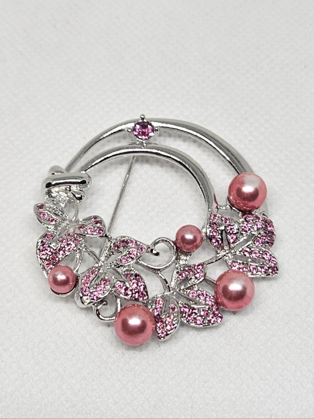 Pink Rhinestone Butterfly Faux Pearl Silver Tone Brooch Pin